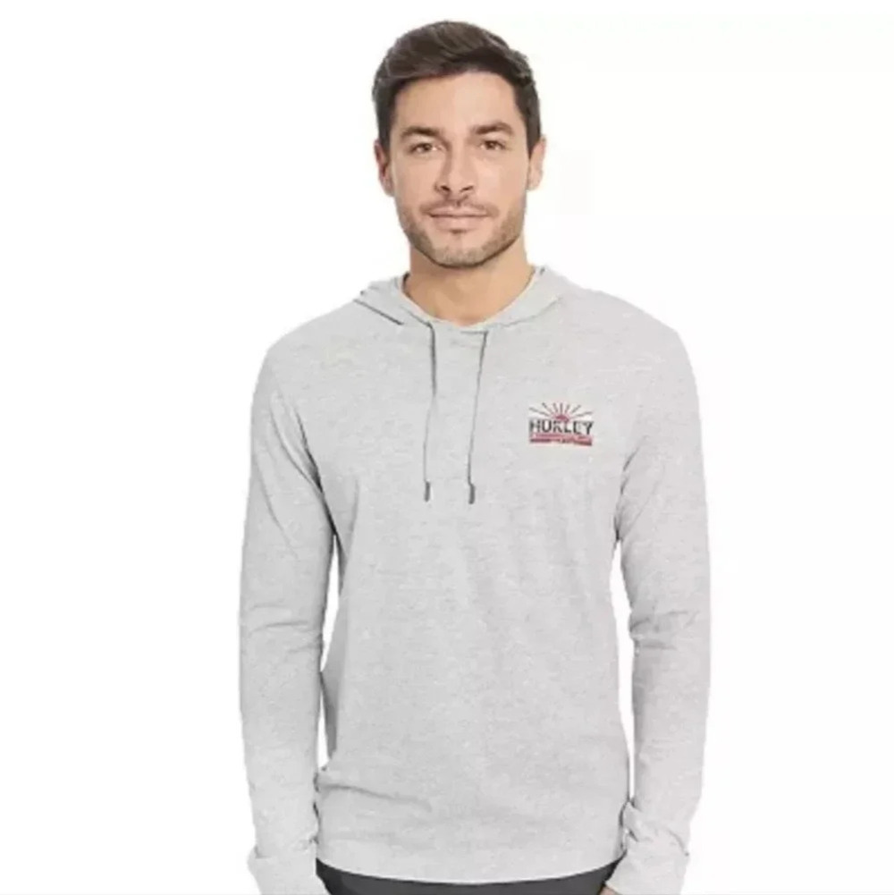 Hurley Men's Long Sleeve Hooded Graphic Tee Gray Size Large Comfort Quality